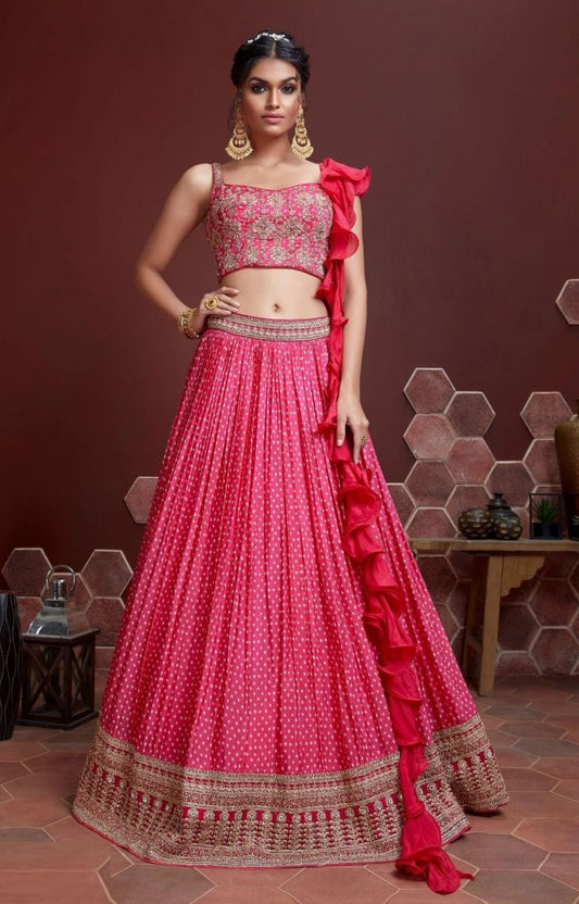Classy Pink Chinon Silk Digital Print With Embroidery Stylish Lehenga