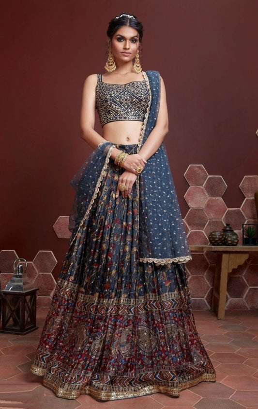 Stylish Navy Blue Chinon Silk Digital Print With Embroidery Stylish Lehenga