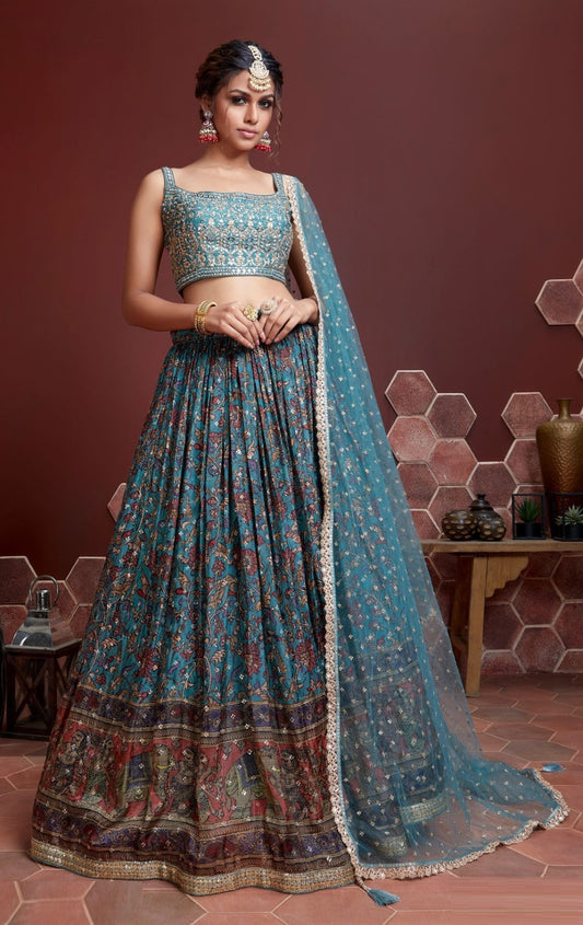 Sleek Teal Chinon Silk Digital Print With Embroidery Stylish Lehenga