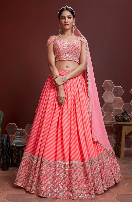 Exquisite Pink Organza Silk Zari Sequins With Embroidery Stylish Lehenga