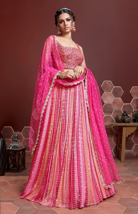 Vibrant Rani Pink Chinon Silk Embroidery With Mirror Work Stylish Lehenga