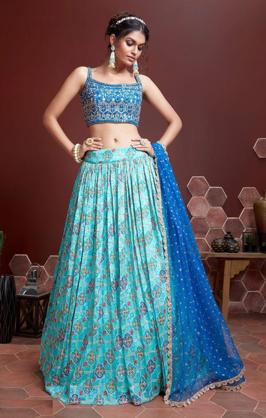 Alluring Blue Chinon Silk Embroidery With Mirror Work Stylish Lehenga
