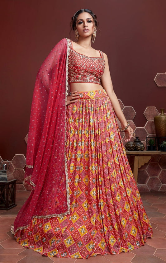 Radiant Red Multi Chinon Silk Embroidery With Mirror Work Stylish Lehenga