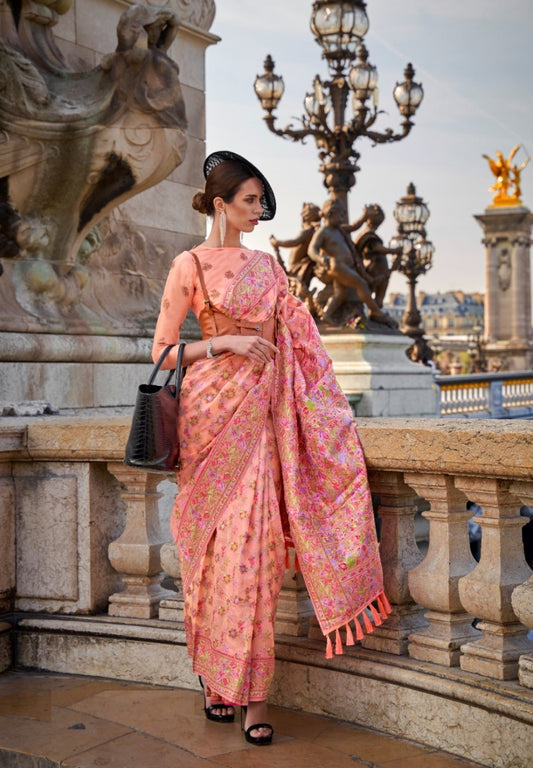 Chic Peach Organza Handloom Kashmiri Saree