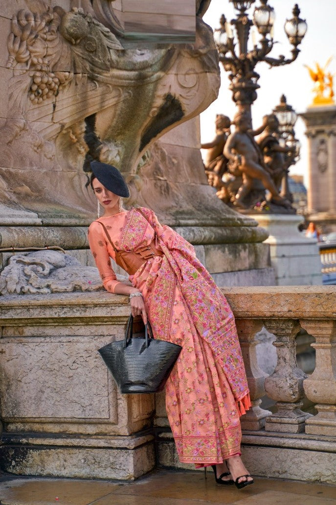 Chic Peach Organza Handloom Kashmiri Saree