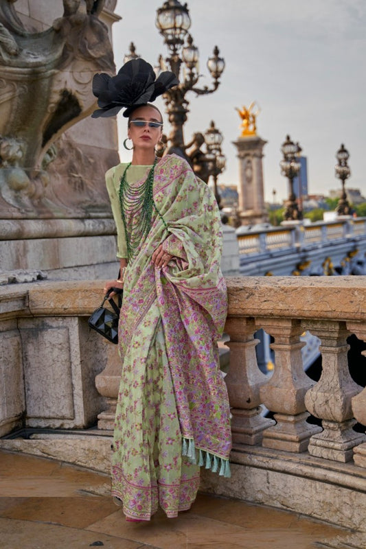 Exquisite Pista Green Organza Handloom Kashmiri Saree