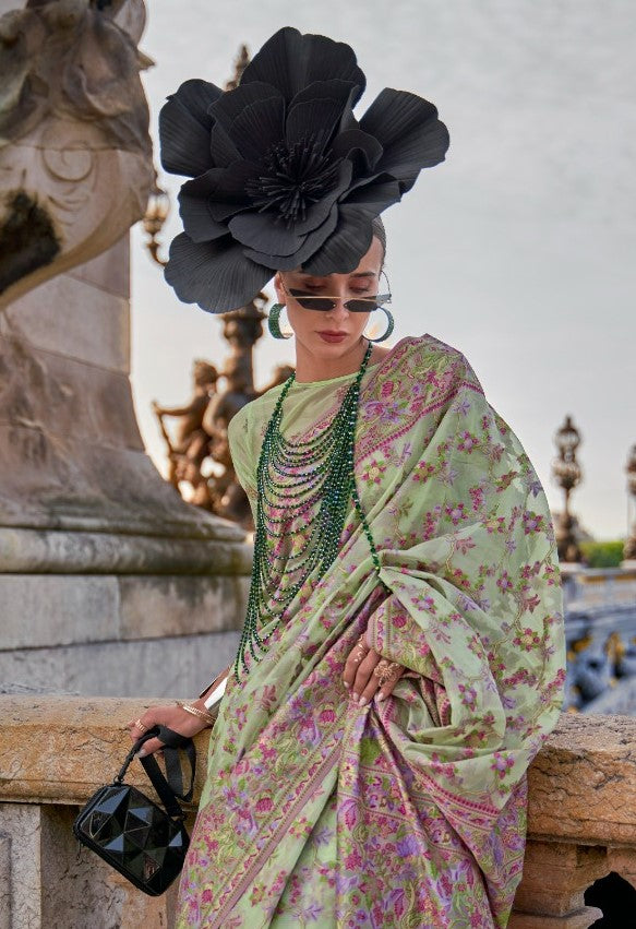 Exquisite Pista Green Organza Handloom Kashmiri Saree