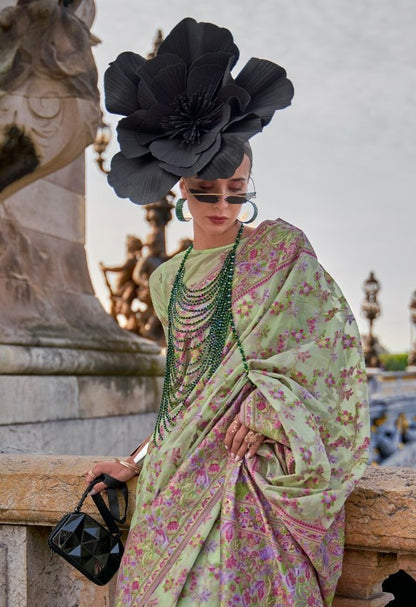 Exquisite Pista Green Organza Handloom Kashmiri Saree