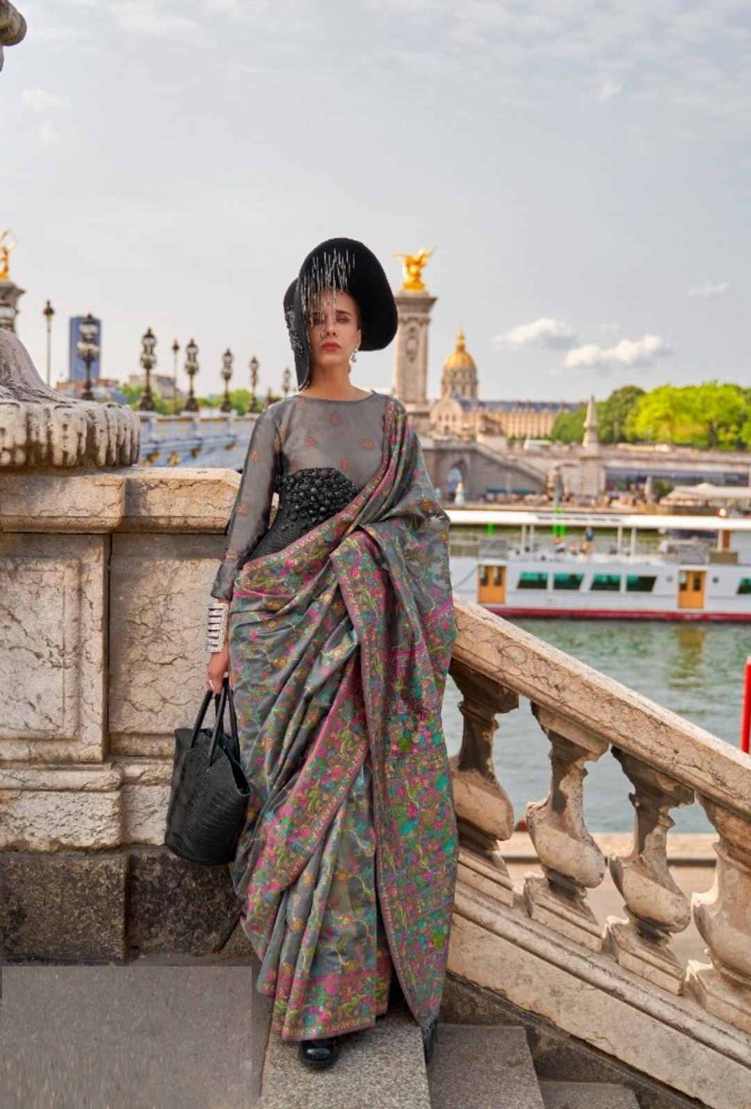 Captivating Grey Organza Handloom Kashmiri Saree