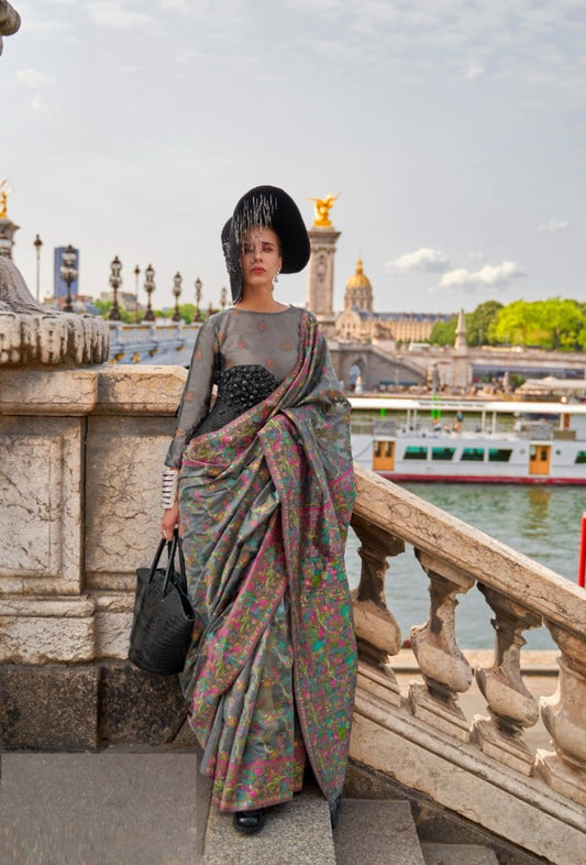 Captivating Grey Organza Handloom Kashmiri Saree