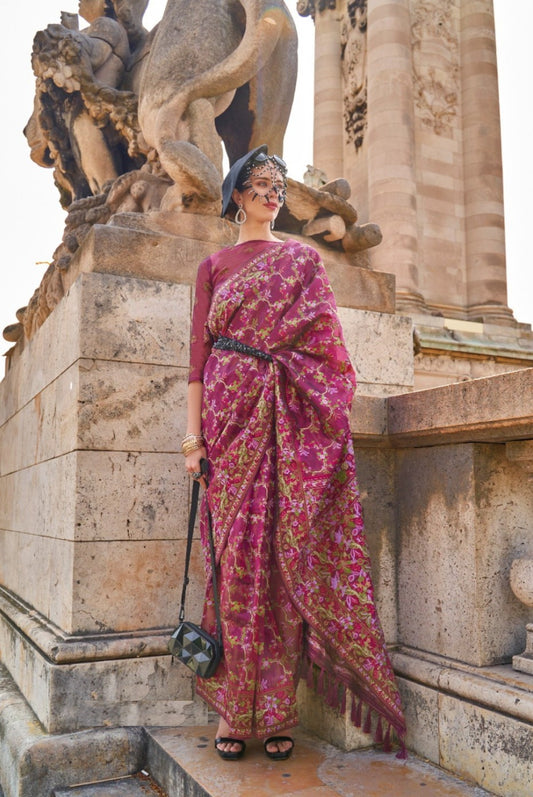 Pretty Magenta Organza Handloom Kashmiri Saree