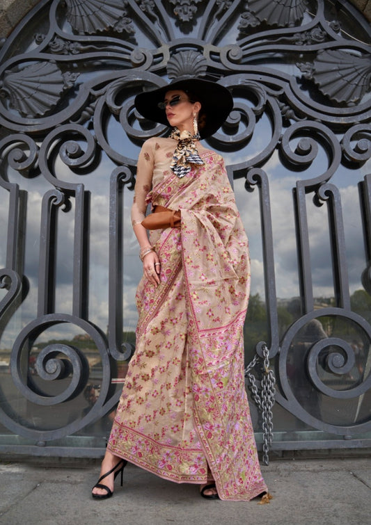 Charming Off White Organza Handloom Kashmiri Saree