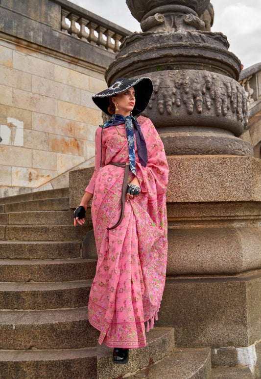 Breathtaking Pink Organza Handloom Kashmiri Saree