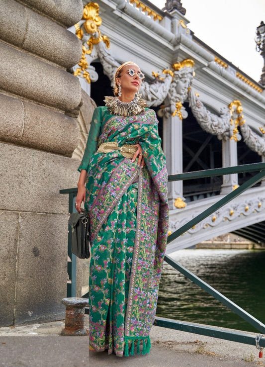 Comfy Rama Green Organza Handloom Kashmiri Saree