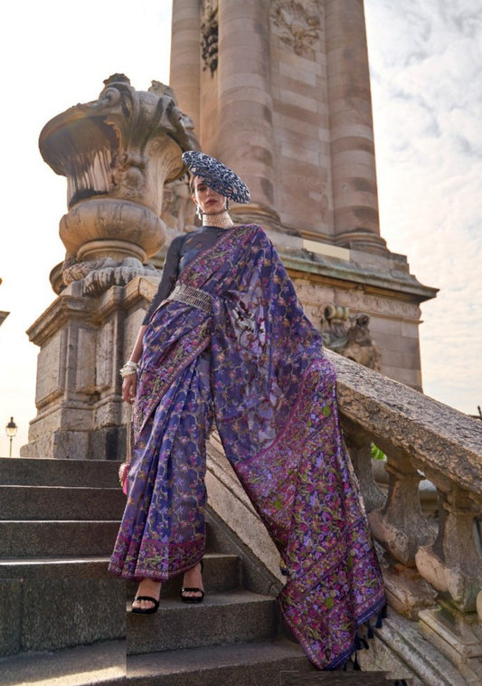 Magnificent Navy Blue Organza Handloom Kashmiri Saree
