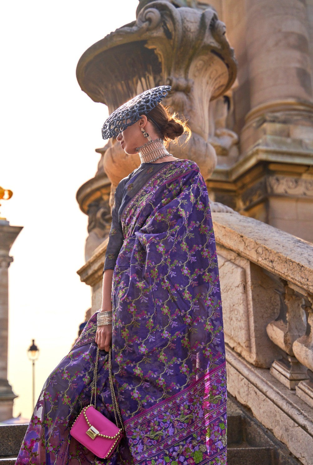 Magnificent Navy Blue Organza Handloom Kashmiri Saree