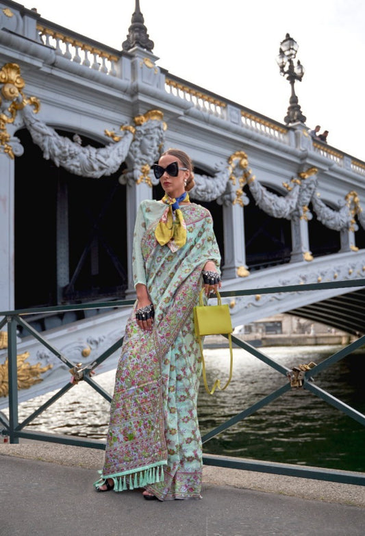 Flawless Sea Green Organza Handloom Kashmiri Saree