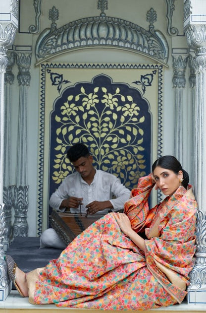 Statement-Making Peach Multi Kashmiri Modal Handloom Weaving Kashmiri Saree