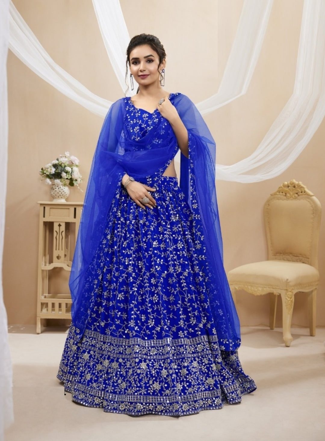 Opulent Royal Blue Georgette Sequins Zari Embroidery Work Stylish Lehenga