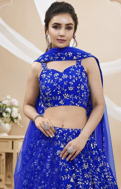Opulent Royal Blue Georgette Sequins Zari Embroidery Work Stylish Lehenga