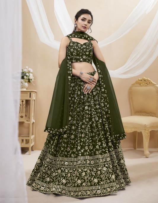 Graceful Mehendi Green Georgette Sequins Zari Embroidery Work Stylish Lehenga