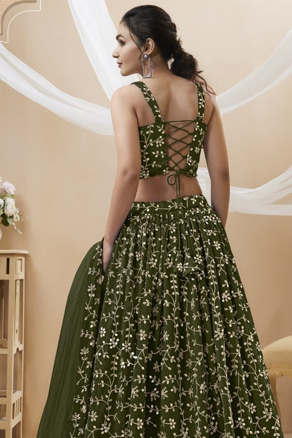 Graceful Mehendi Green Georgette Sequins Zari Embroidery Work Stylish Lehenga