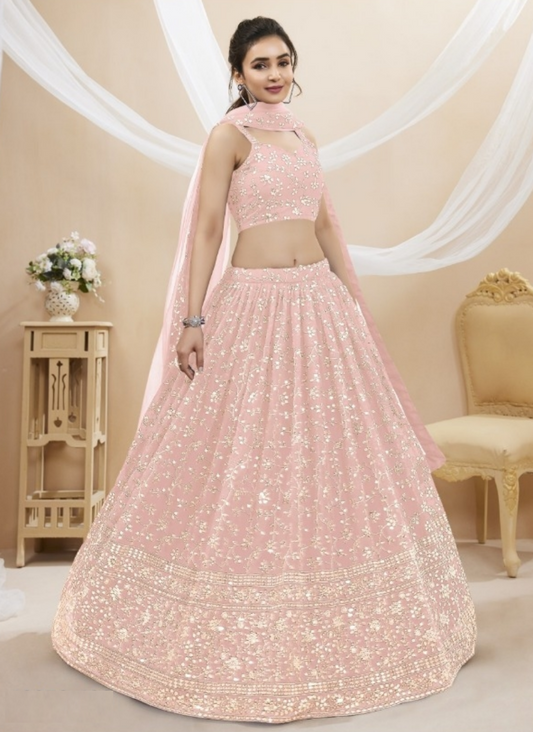 Trendy Light Pink Georgette Sequins Zari Embroidery Work Stylish Lehenga