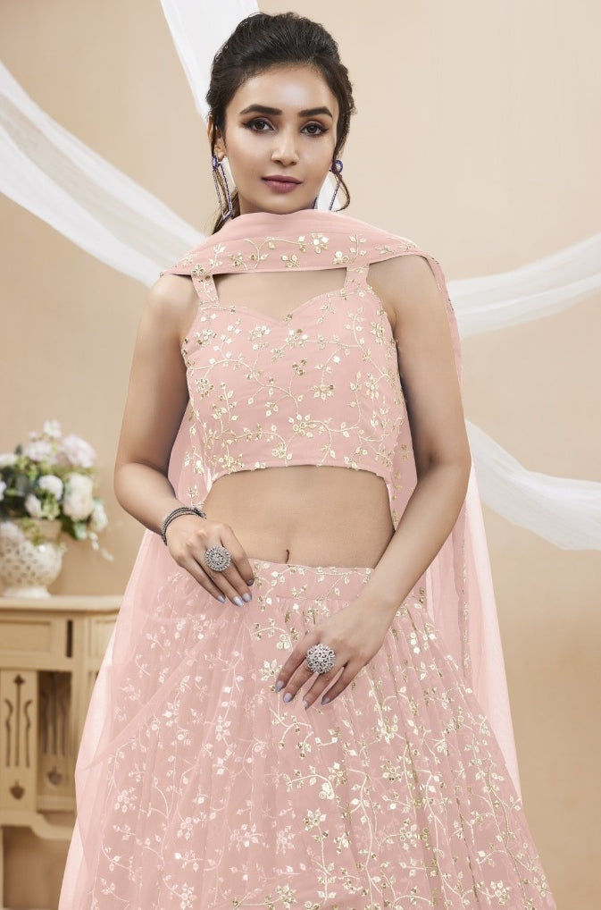 Trendy Light Pink Georgette Sequins Zari Embroidery Work Stylish Lehenga
