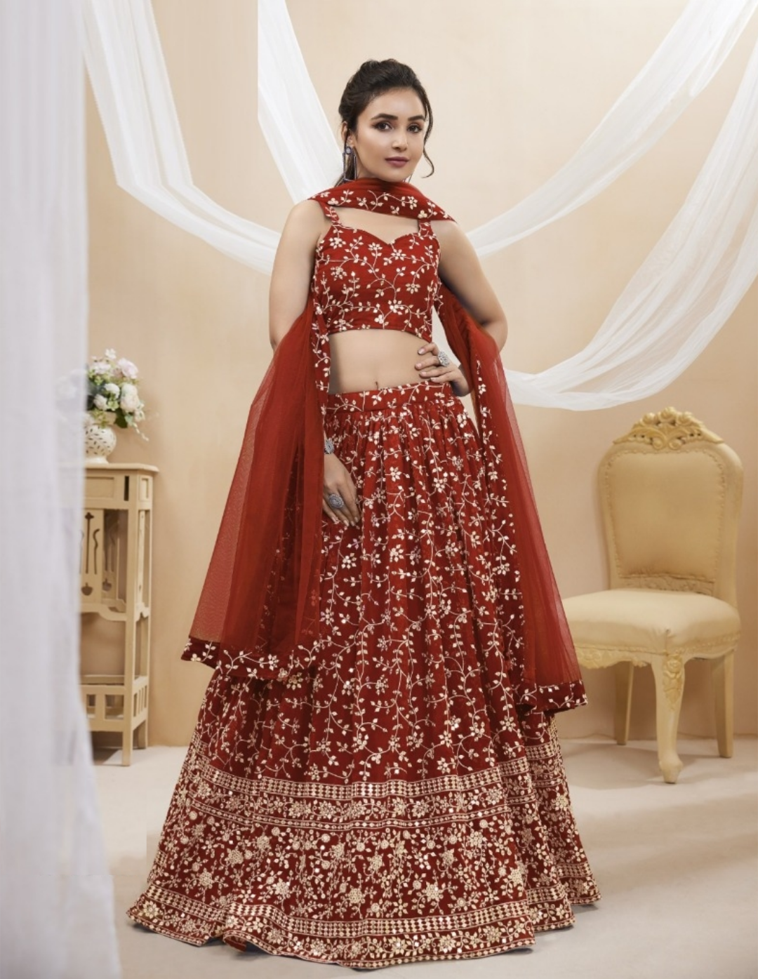 Dazzling Rust Georgette Sequins Zari Embroidery Work Stylish Lehenga