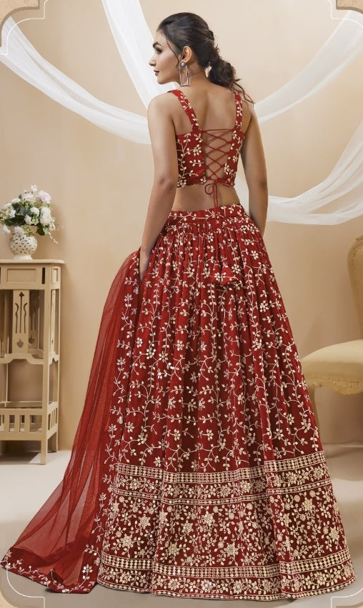 Dazzling Rust Georgette Sequins Zari Embroidery Work Stylish Lehenga