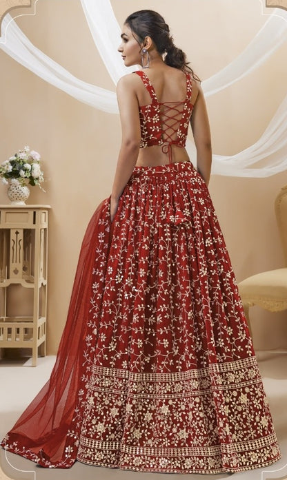 Dazzling Rust Georgette Sequins Zari Embroidery Work Stylish Lehenga