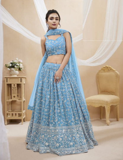 Flawless Sky Blue Georgette Sequins Zari Embroidery Work Stylish Lehenga