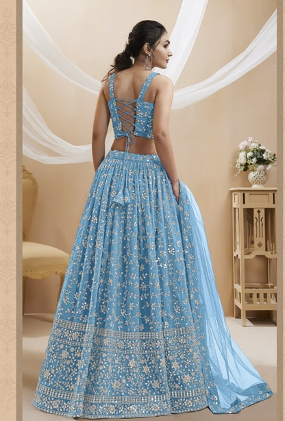 Flawless Sky Blue Georgette Sequins Zari Embroidery Work Stylish Lehenga