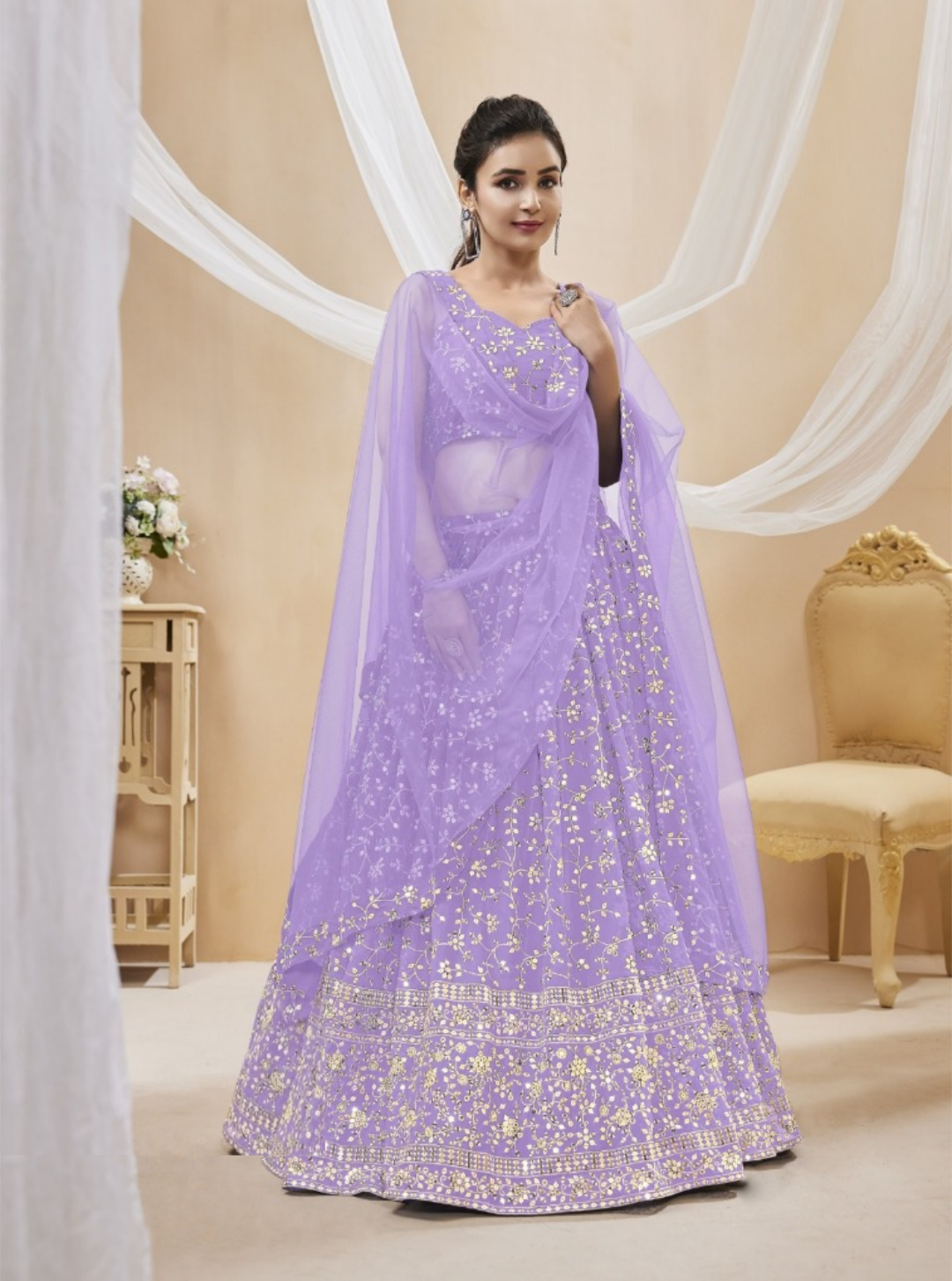Glamorous Lilac Georgette Sequins Zari Embroidery Work Stylish Lehenga