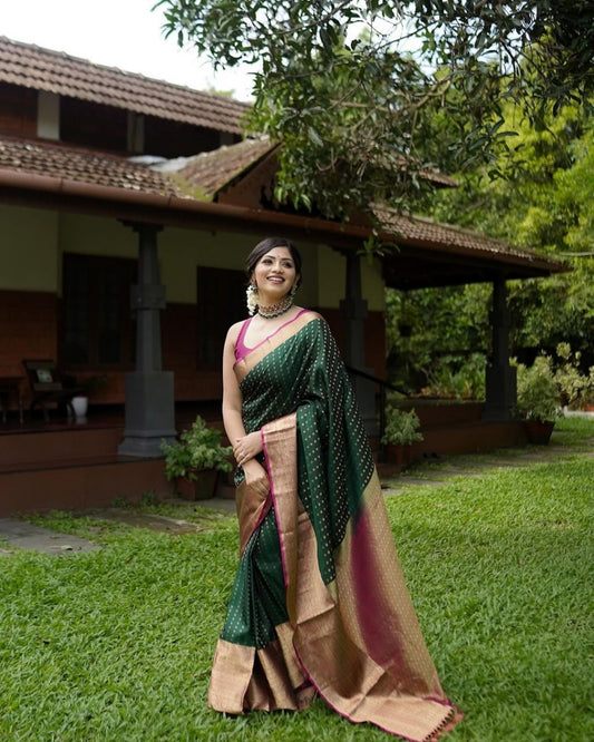 Women Bottle Green Banarasi Soft Silk Saree