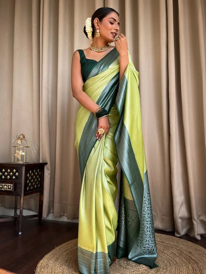Women Green And Grey Silk Saree