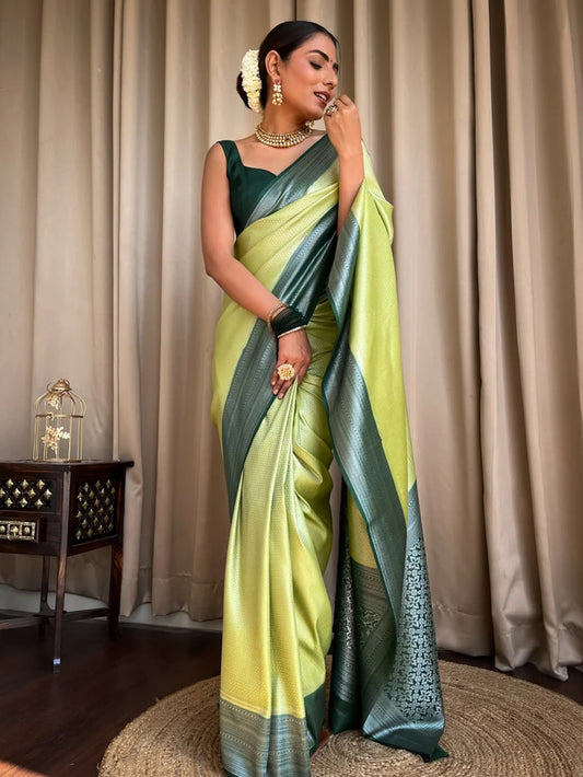 Women Green And Grey Silk Saree