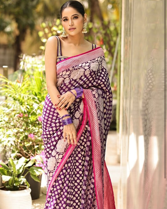 Women Purple Silk Floral Saree