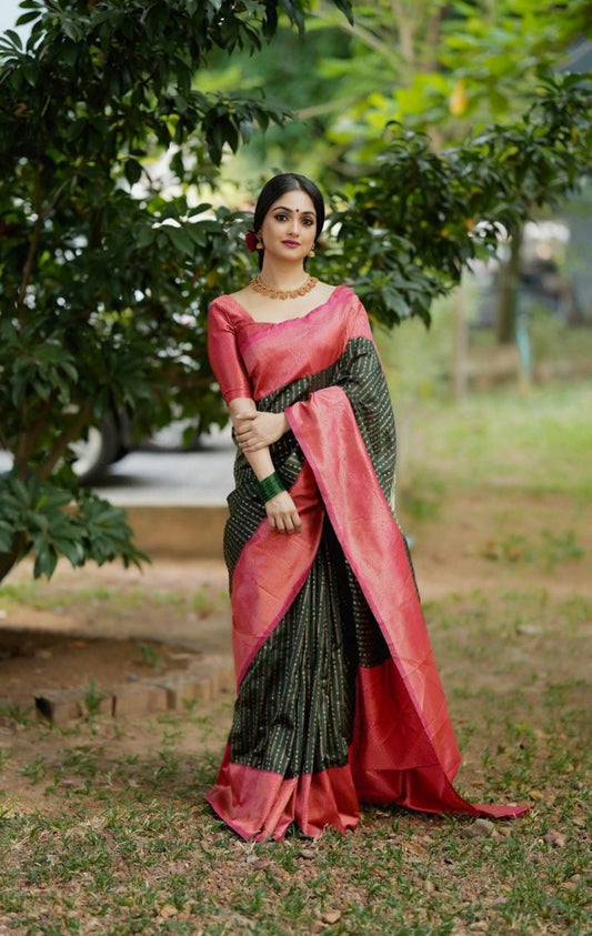 Women Green And Pink Silk Golden Zari Work Saree