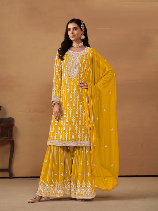 Couture Mustard Georgette Gharara Bottom Suit Set