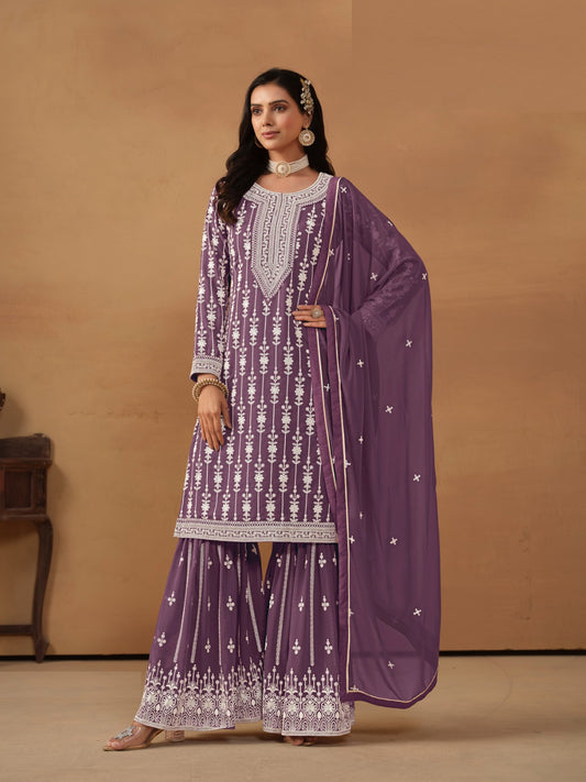 Tailored-To-Perfection Purple Georgette Gharara Bottom Suit Set