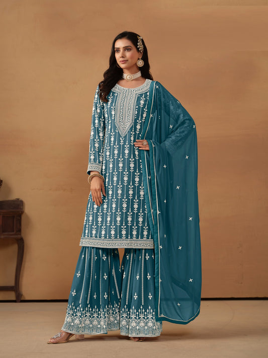 Lustrous Teal Georgette Gharara Bottom Suit Set