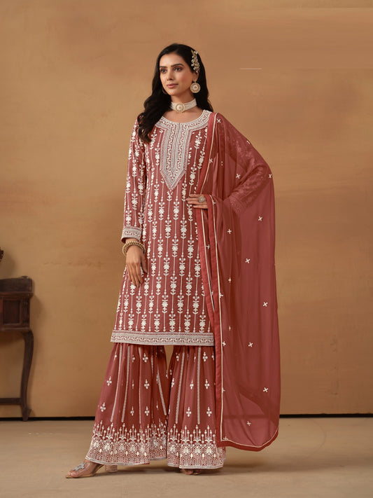 Avant-Garde Rust Georgette Gharara Bottom Suit Set