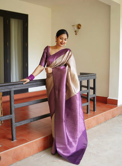Women Beige And Purple Banarasi Soft Silk Saree