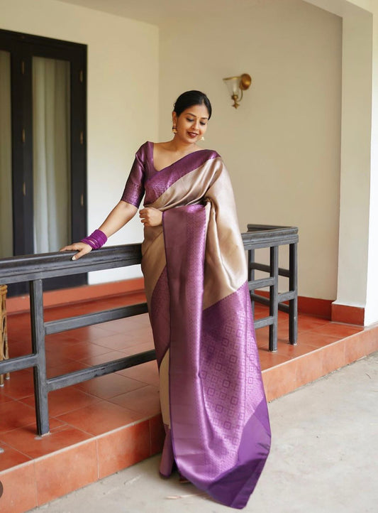 Women Beige And Purple Banarasi Soft Silk Saree