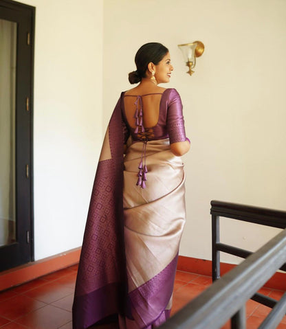 Women Beige And Purple Banarasi Soft Silk Saree