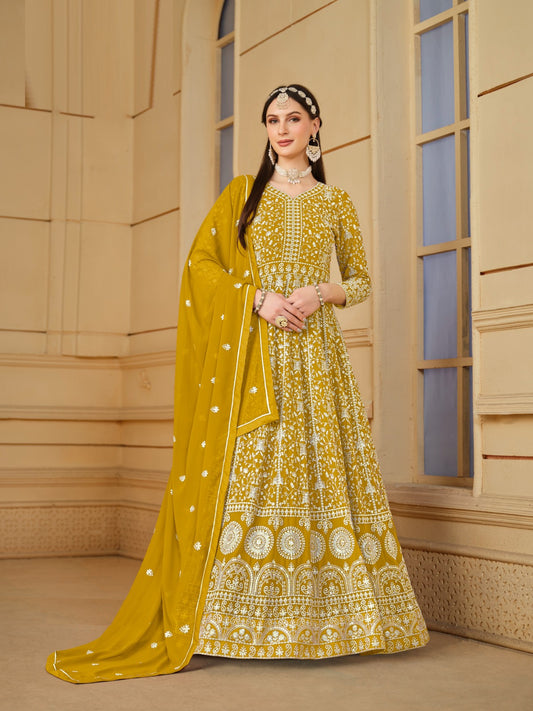 Sublime Mustard Georgette Floor Length Suit Set