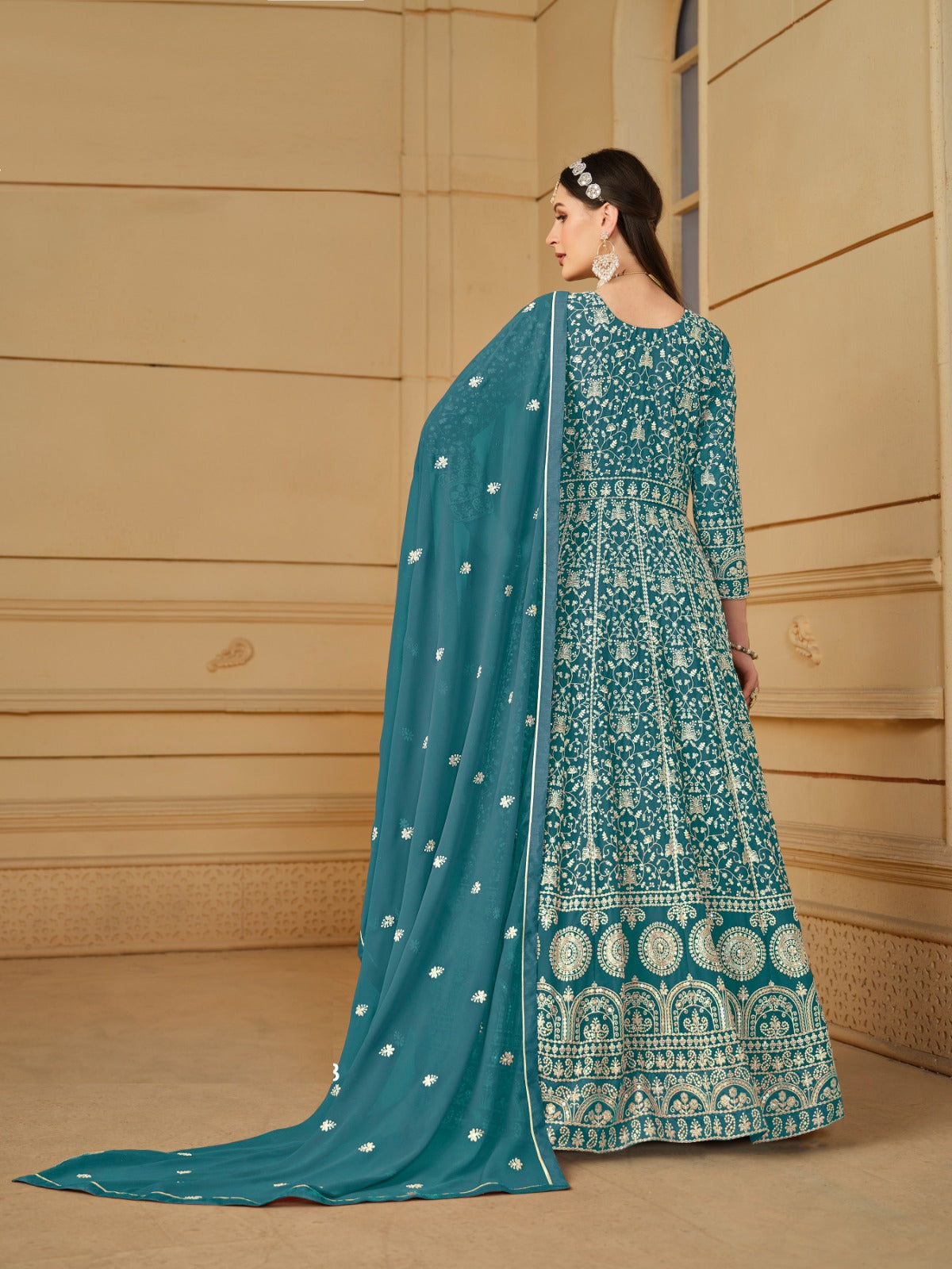 Sumptuous Teal Georgette Floor Length Suit Set