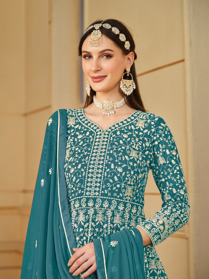 Sumptuous Teal Georgette Floor Length Suit Set