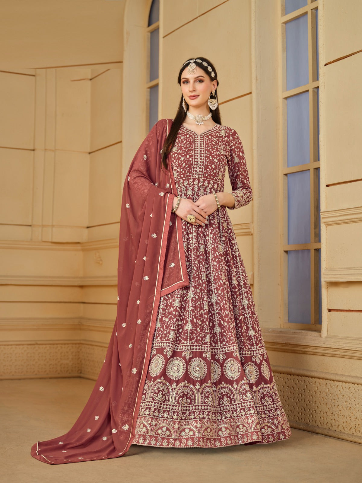 Statement-Making Rust Georgette Floor Length Suit Set